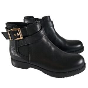 NEW Hotic Chelsea Ankle Boots Womens 38 Black Leather Buckle Side Zip Lug Sole